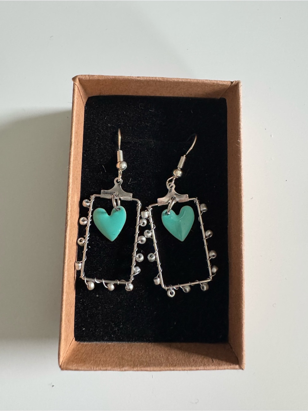 Handmade earrings - silver rectangle beaded with turquoise hear charm